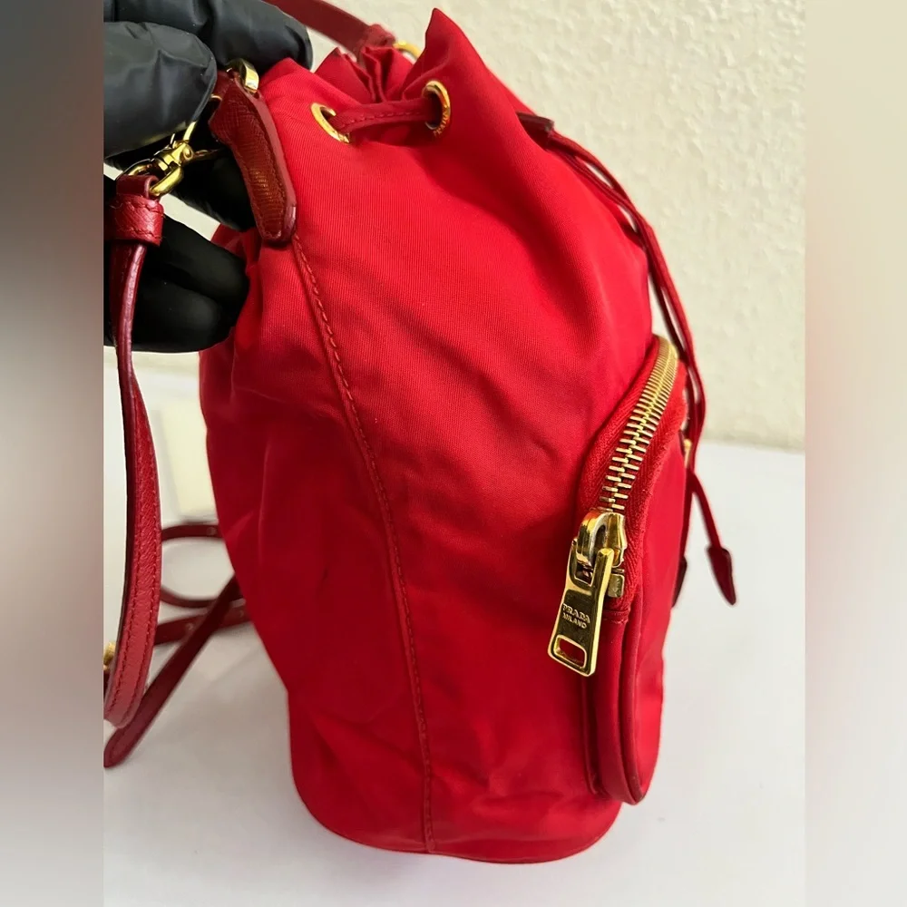 Prada Red Nylon Drawstring Crossbody Bucket Bag with Gold Hardware - Picture 3 of 16